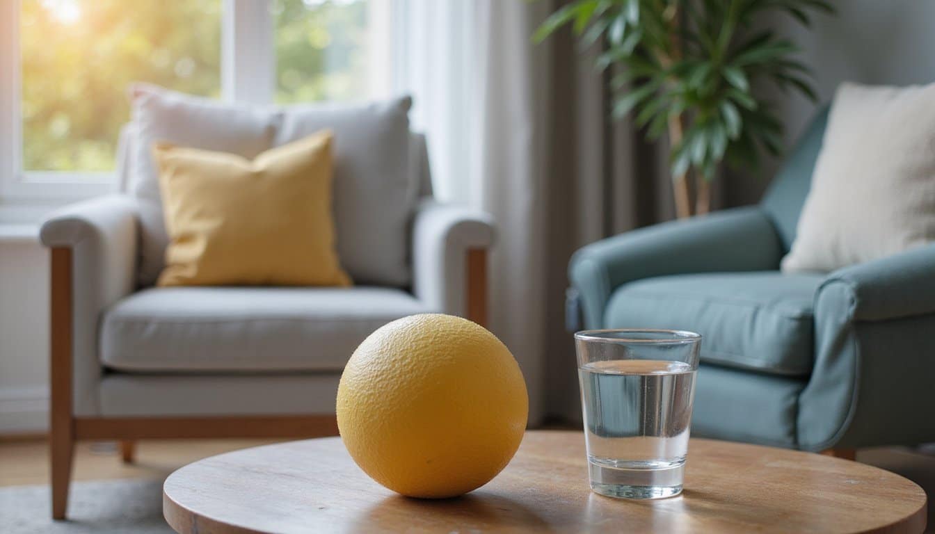 Clean therapy room table with a stress ball and a glass of water,