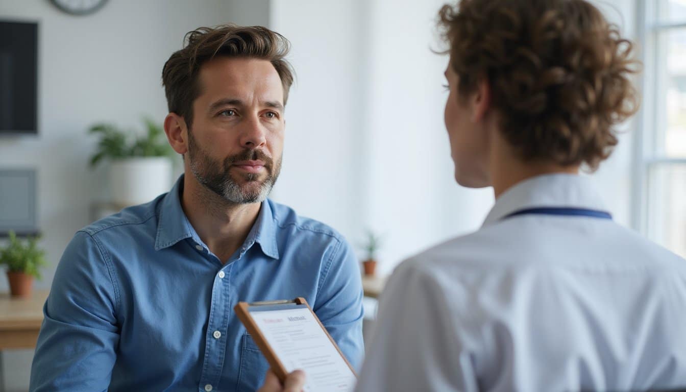 Adult in an outpatient detox medical evaluation with a clinician,